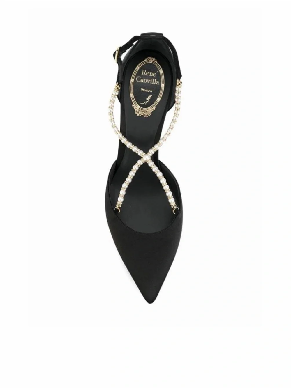 Rene Caovilla Black Pearl-Cross Strap Pointed Flat